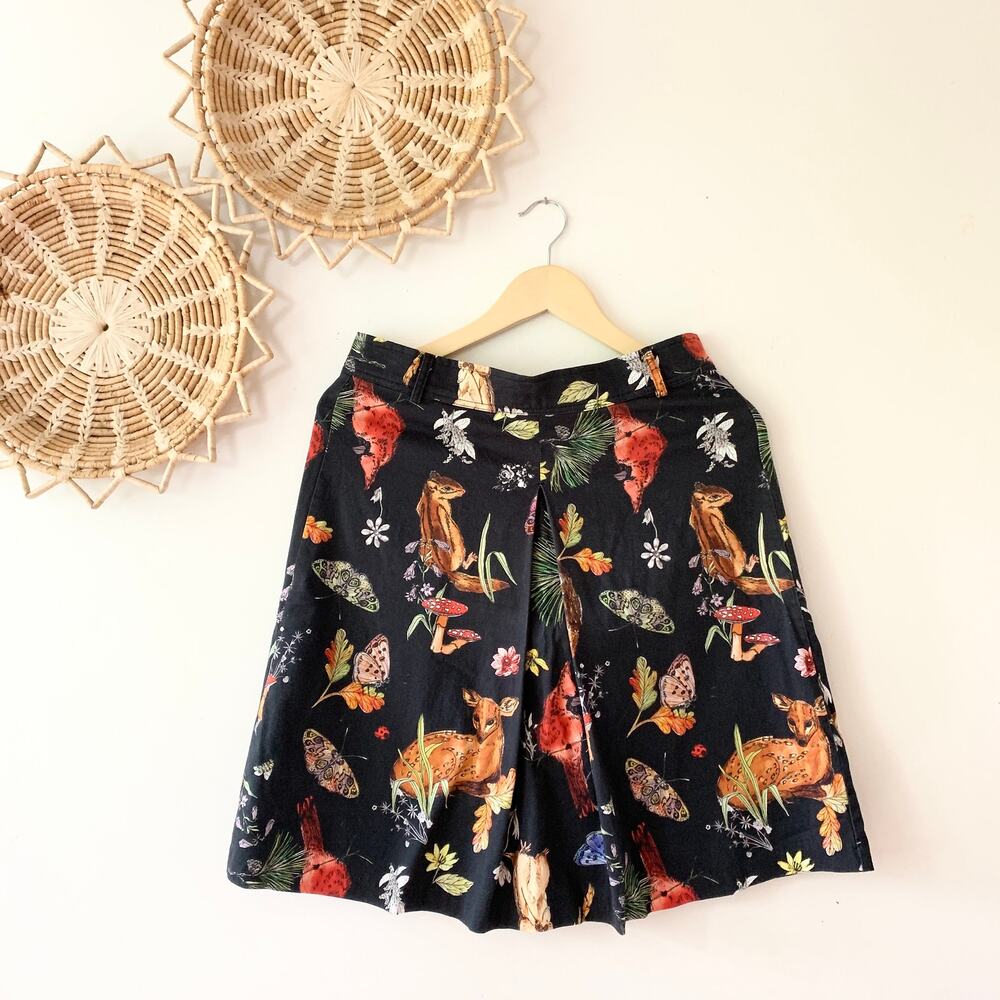 Modcloth Kickpleat Squirrel Owl Mushroom Forest Friends Black Skirt Medium
